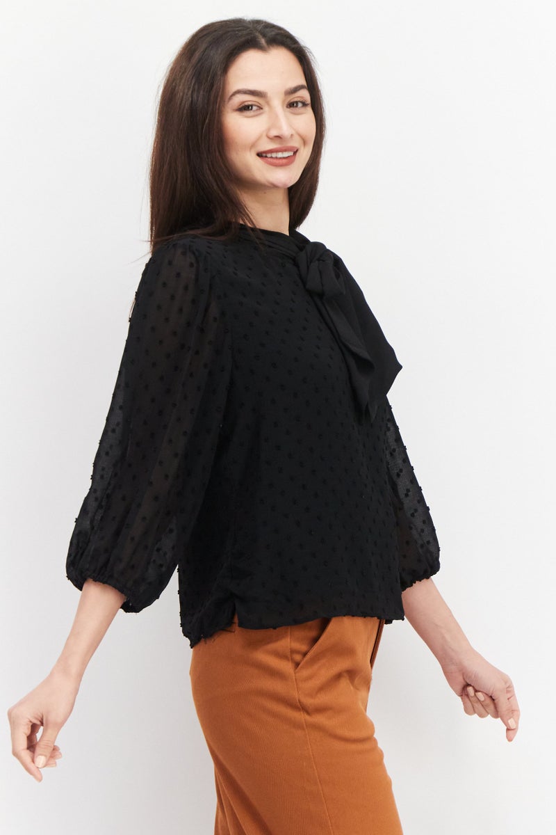 Riley & Rae Women Tie Neckline Long Sleeves Textured Blouse, Black - Image 2