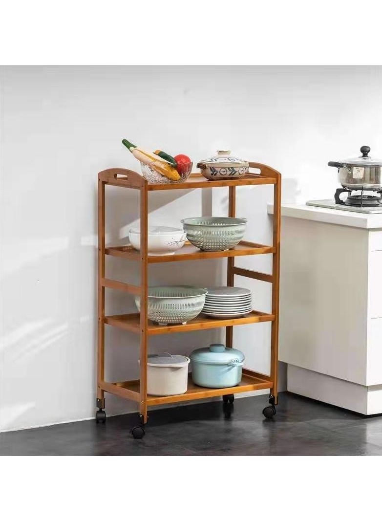 LINGWEI 4 Tier Rolling Kitchen Trolley Cart Bamboo Wooden Storage Trolley Food Serving Cart Tea Bar Serving Drinks Storage Coffee Table Kitchen Bathroom Storage Shelf - Image 1