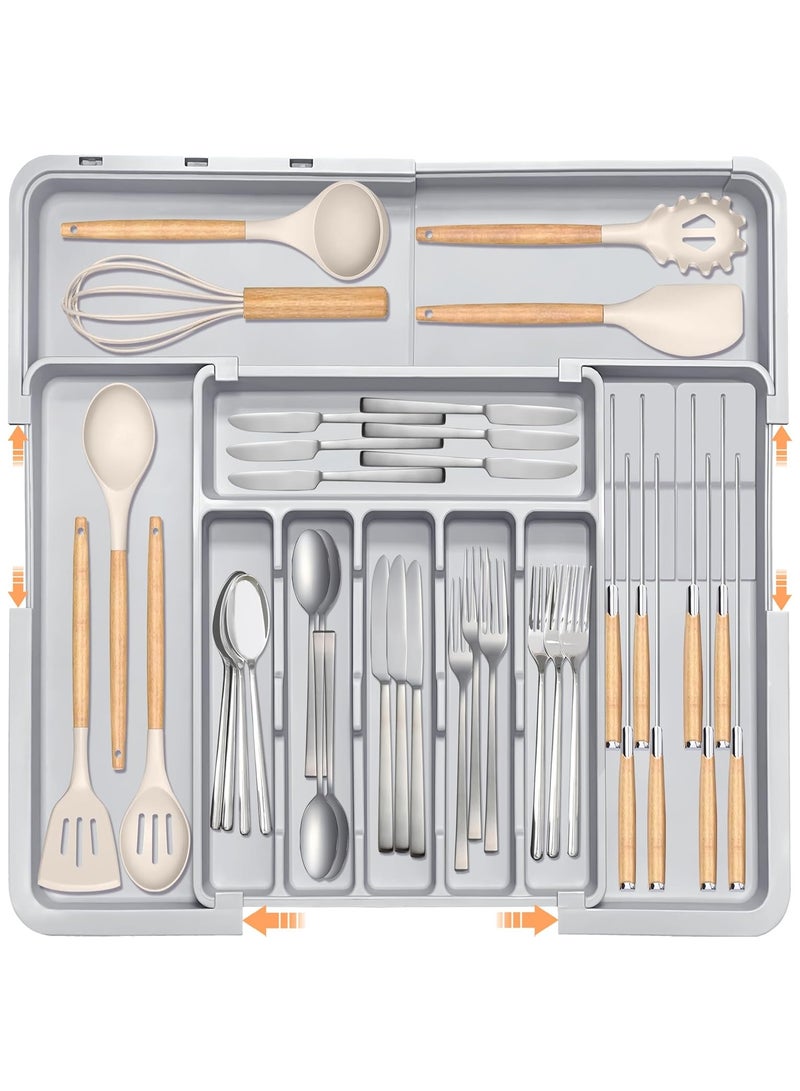 NNEWVANTE Drawer Organizer for Kitchen, Adjustable Utensil Drawer Organizer with 2 Knife Block, BPA Free Flatware and Cutlery Holder, Expandable Plastic Storage for Spoons Forks Knives(Grey) - Image 1