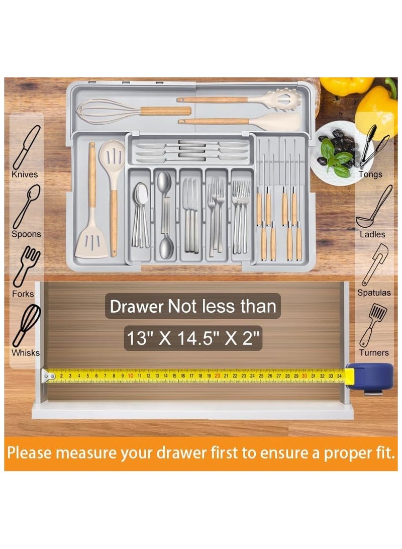 NNEWVANTE Drawer Organizer for Kitchen, Adjustable Utensil Drawer Organizer with 2 Knife Block, BPA Free Flatware and Cutlery Holder, Expandable Plastic Storage for Spoons Forks Knives(Grey) - Image 5