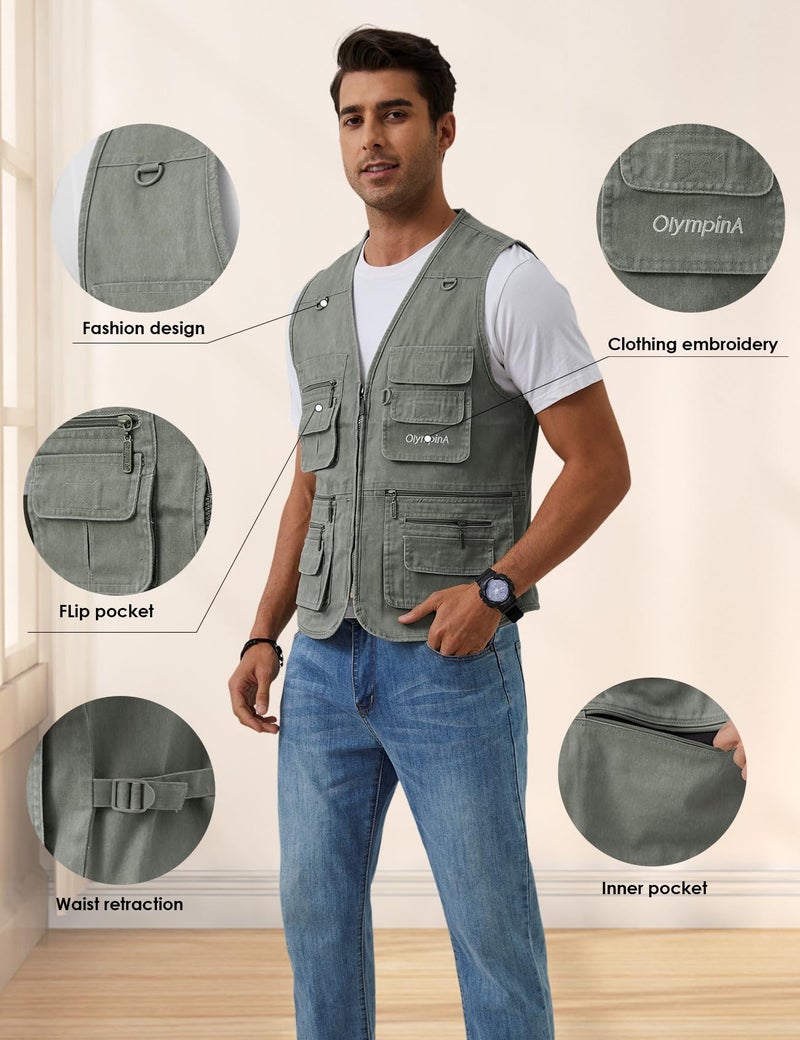 Gihuo Men's Fishing Vest Casual Utility Travel Safari Cargo Outdoor Work Photo Fly Vest Jacket with Multi Pockets (M, Army green) - Image 5