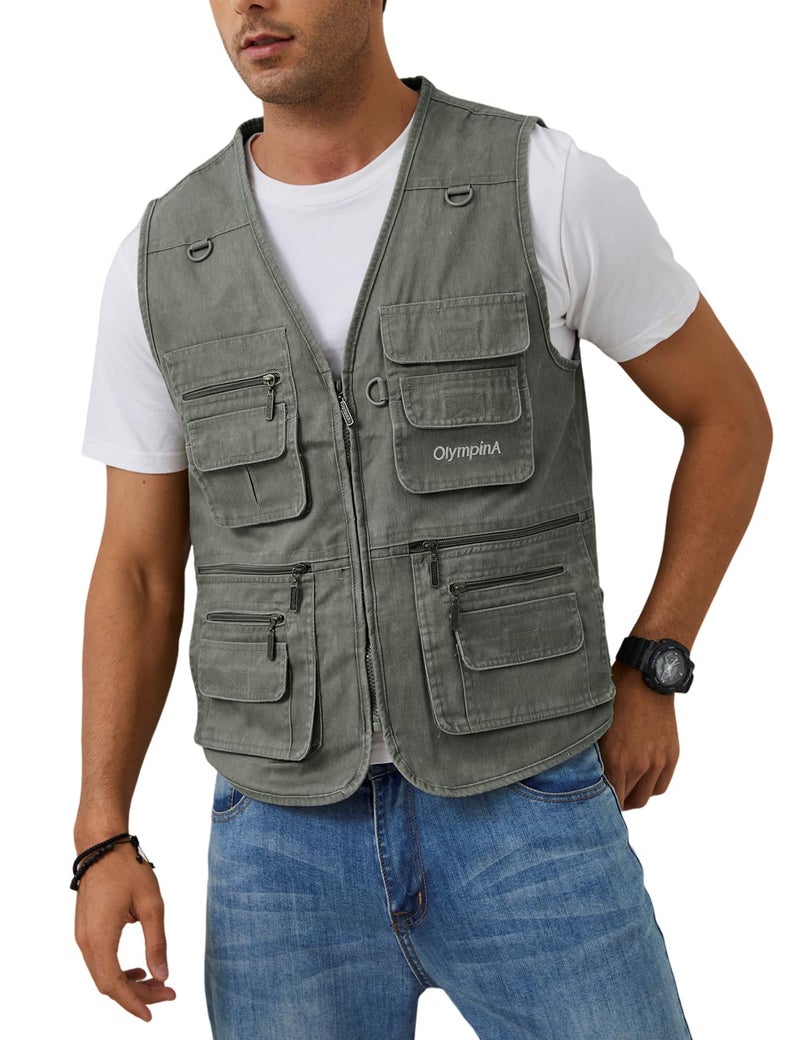 Gihuo Men's Fishing Vest Casual Utility Travel Safari Cargo Outdoor Work Photo Fly Vest Jacket with Multi Pockets (M, Army green) - Image 3