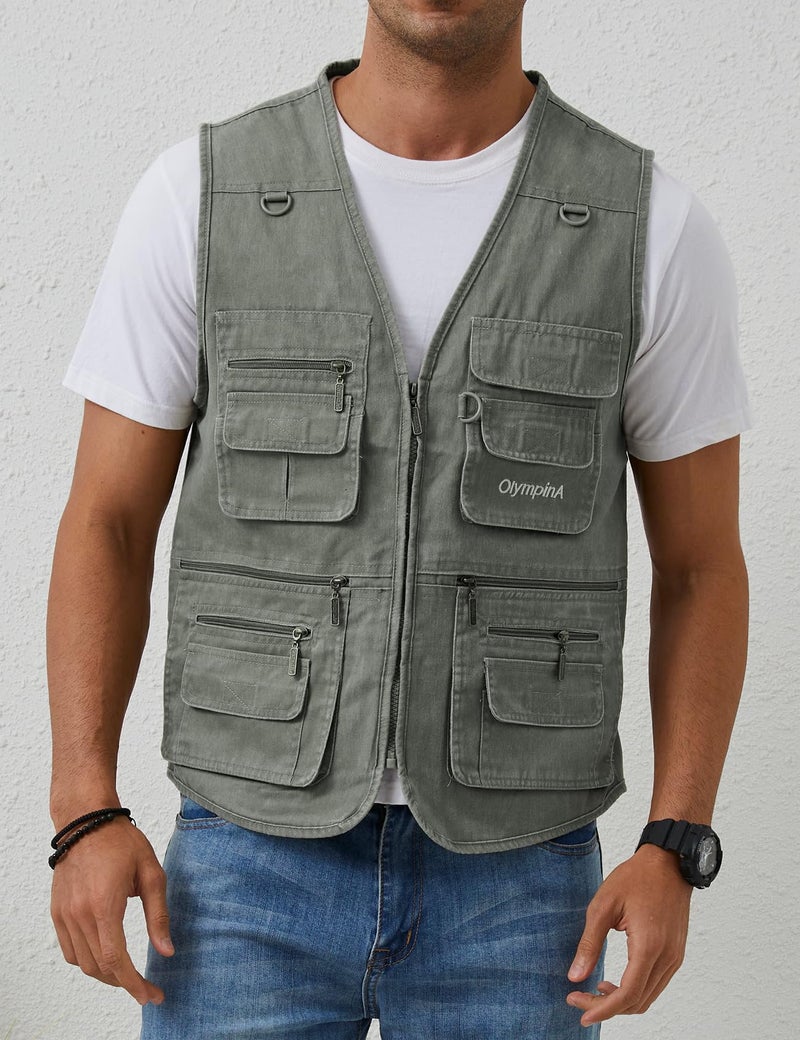 Gihuo Men's Fishing Vest Casual Utility Travel Safari Cargo Outdoor Work Photo Fly Vest Jacket with Multi Pockets (M, Army green) - Image 2