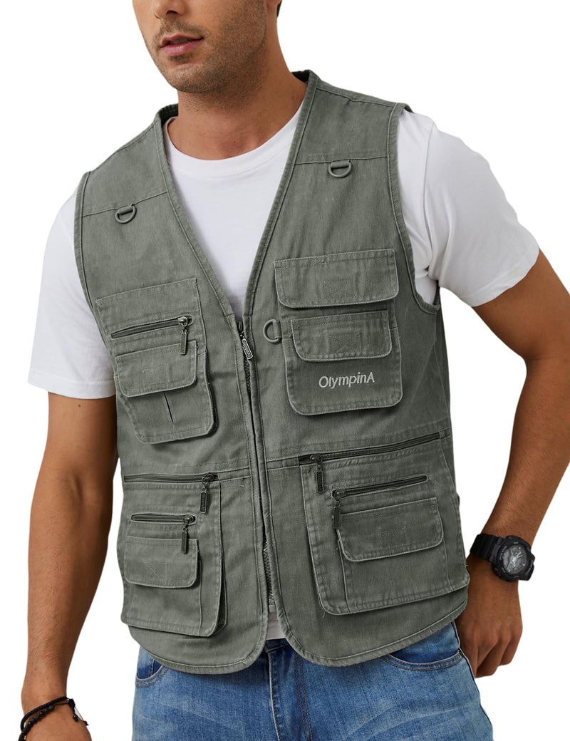 Gihuo Men's Fishing Vest Casual Utility Travel Safari Cargo Outdoor Work Photo Fly Vest Jacket with Multi Pockets (M, Army green) - Image 1