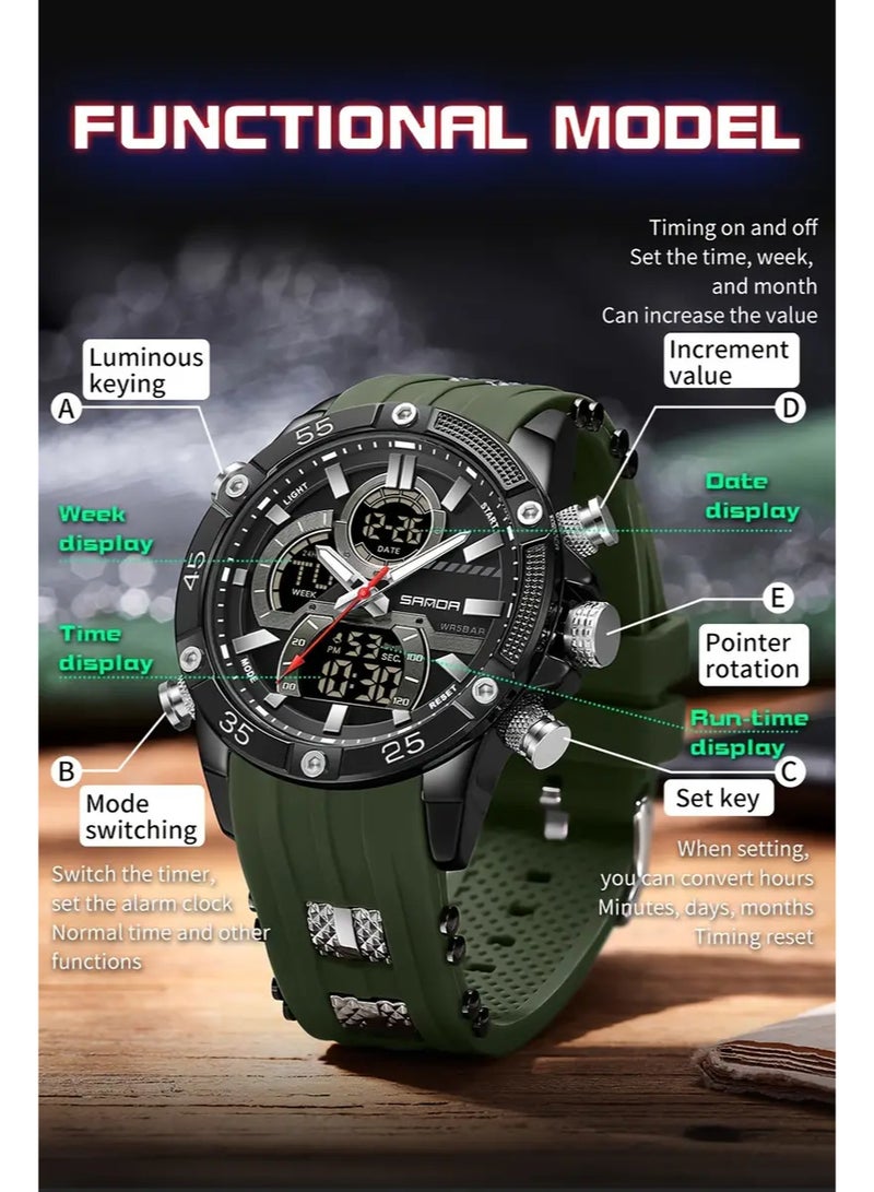 Sanda Sports Watch, Dual Display Analog & Digital, Water-Resistant 5ATM, Stopwatch, Alarm Clock, Luminous, Multifunction, Zinc Alloy Case, Silica Gel Strap, Battery Powered, Ideal for Football, Ramadan, Spring Festival - Gift Ready - Image 4