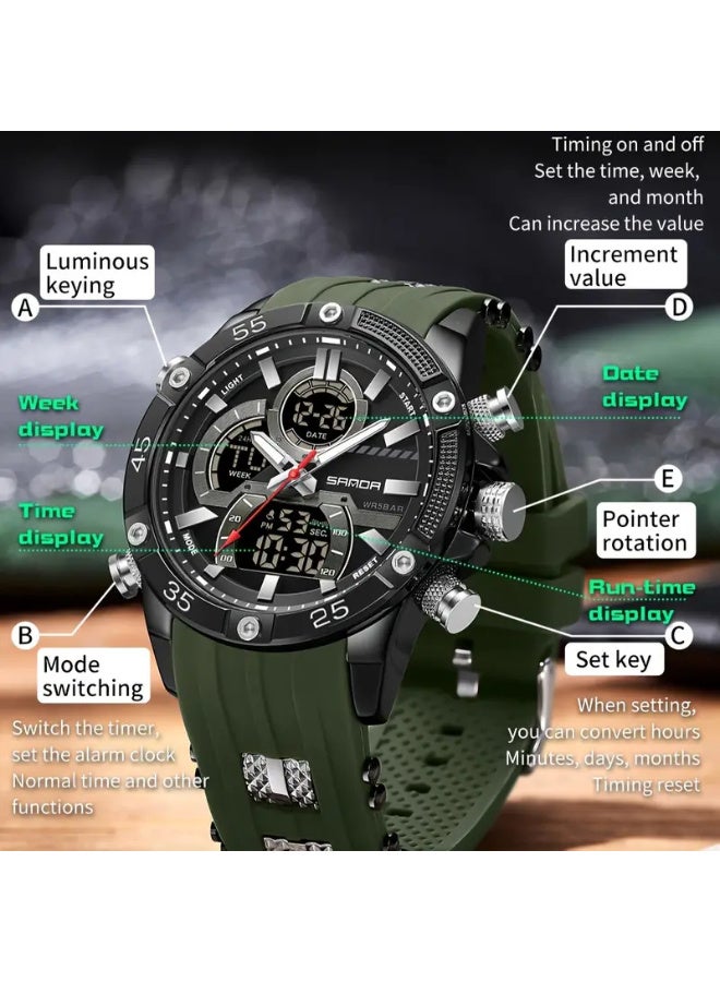 Sanda Sports Watch, Dual Display Analog & Digital, Water-Resistant 5ATM, Stopwatch, Alarm Clock, Luminous, Multifunction, Zinc Alloy Case, Silica Gel Strap, Battery Powered, Ideal for Football, Ramadan, Spring Festival - Gift Ready - Image 2