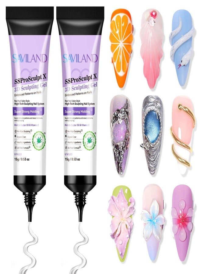 SAVILAND 3D Nail Gel Set: 2PCS 15g No Wipe Clear Sculpting Gel for Nail Art Design Strong Molding 3D Nail Art Sculpture and Rhinestone Glue for DIY Manicure Decoration Charms at Home or Salon - Image 1