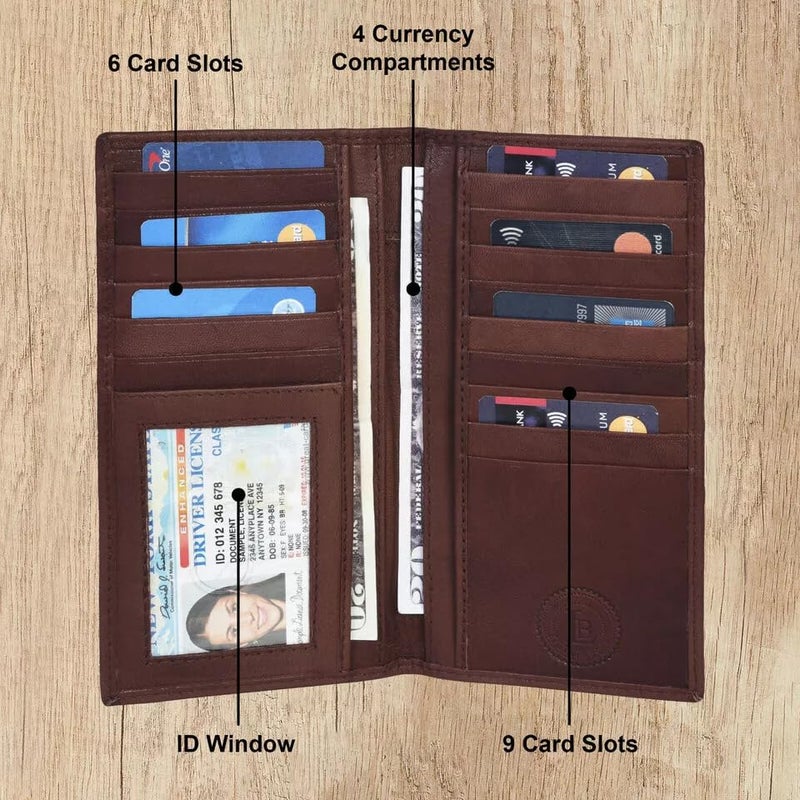 LB LEATHERBOSS Leatherboss Men's Genuine Leather Long Bifold Wallet | Card Holder Clutch with 6 Card Slots, ID Window, Cash & Checkbook Compartment (Dark Brown) - Image 2