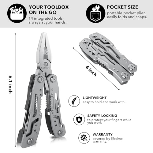 fangfo 14-In-1 Multitool Pliers，Premium Portable Multi Tool ，with Safety Locking Professional Stainless Steel Multitool Pliers Pocket Knife,Apply to Survival, Camping, Gifts for Dad Husband Boyfriend - Image 2