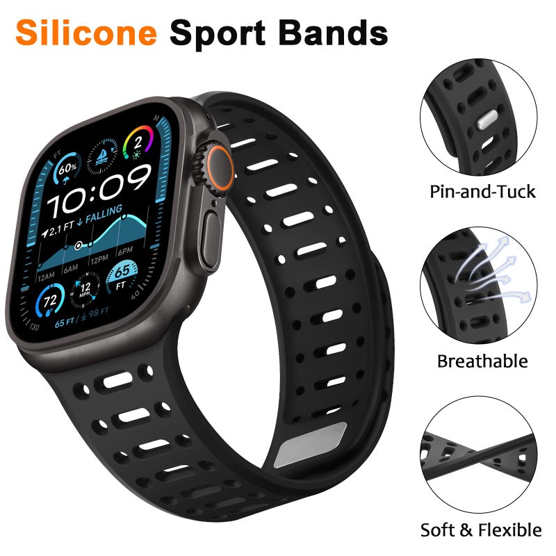 ZZDZZ Compatible with Apple Watch Band 49mm 46mm 45mm 44mm 42mm 41mm 40mm 38mm, Magnetic Silicone Sport Breathable Strap for iWatch Ultra 3/2/1 SE3 Series 11 10 9 8 7-1 (49/46/45/44/42, Black) - Image 3