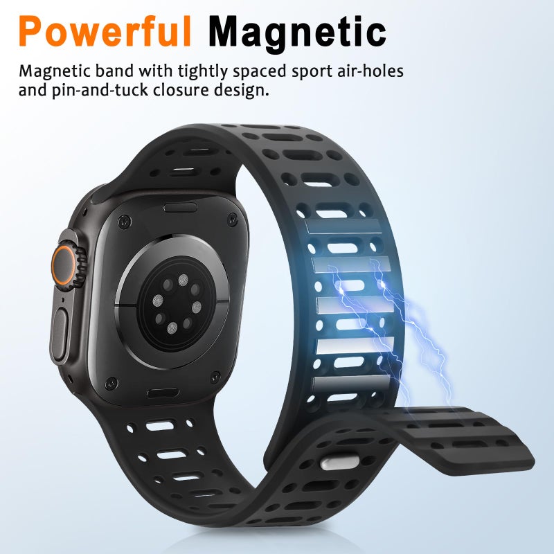 ZZDZZ Compatible with Apple Watch Band 49mm 46mm 45mm 44mm 42mm 41mm 40mm 38mm, Magnetic Silicone Sport Breathable Strap for iWatch Ultra 3/2/1 SE3 Series 11 10 9 8 7-1 (49/46/45/44/42, Black) - Image 4