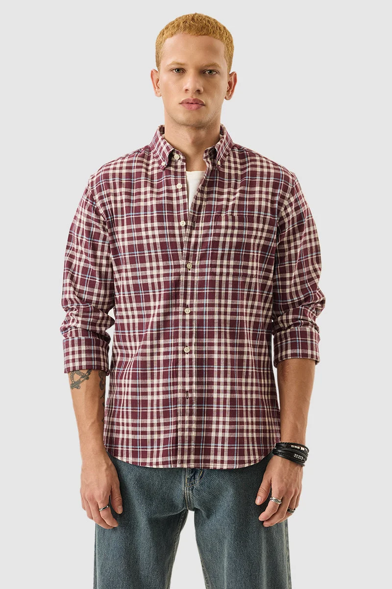 SNITCH Burgundy Checkered Long Sleeve Regular Fit Shirt