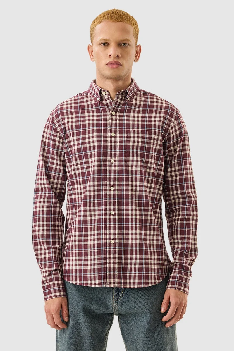SNITCH Burgundy Checkered Long Sleeve Regular Fit Shirt