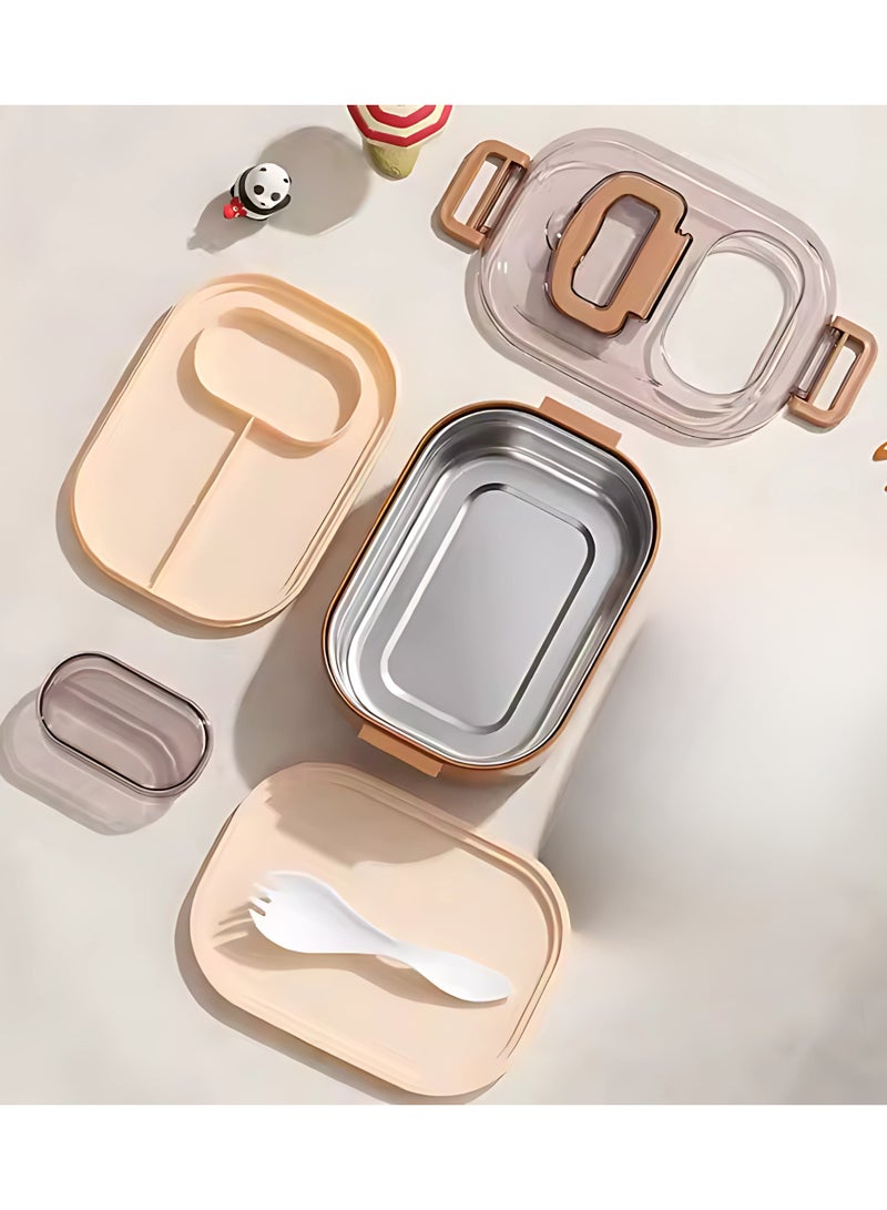 Twisoo Twisoo Double Delight Bento Stainless Steel Lunch Box with Handle, Double Decker, BPA Free Food Storage Container, Leakproof, 3 Compartment with Soup Box and Spoon 700ml (Brown)  - Image 2