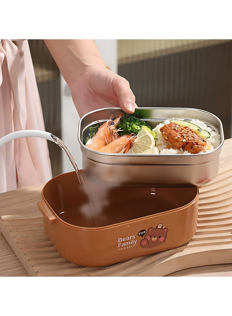 Twisoo Twisoo Double Delight Bento Stainless Steel Lunch Box with Handle, Double Decker, BPA Free Food Storage Container, Leakproof, 3 Compartment with Soup Box and Spoon 700ml (Brown)  - Image 3