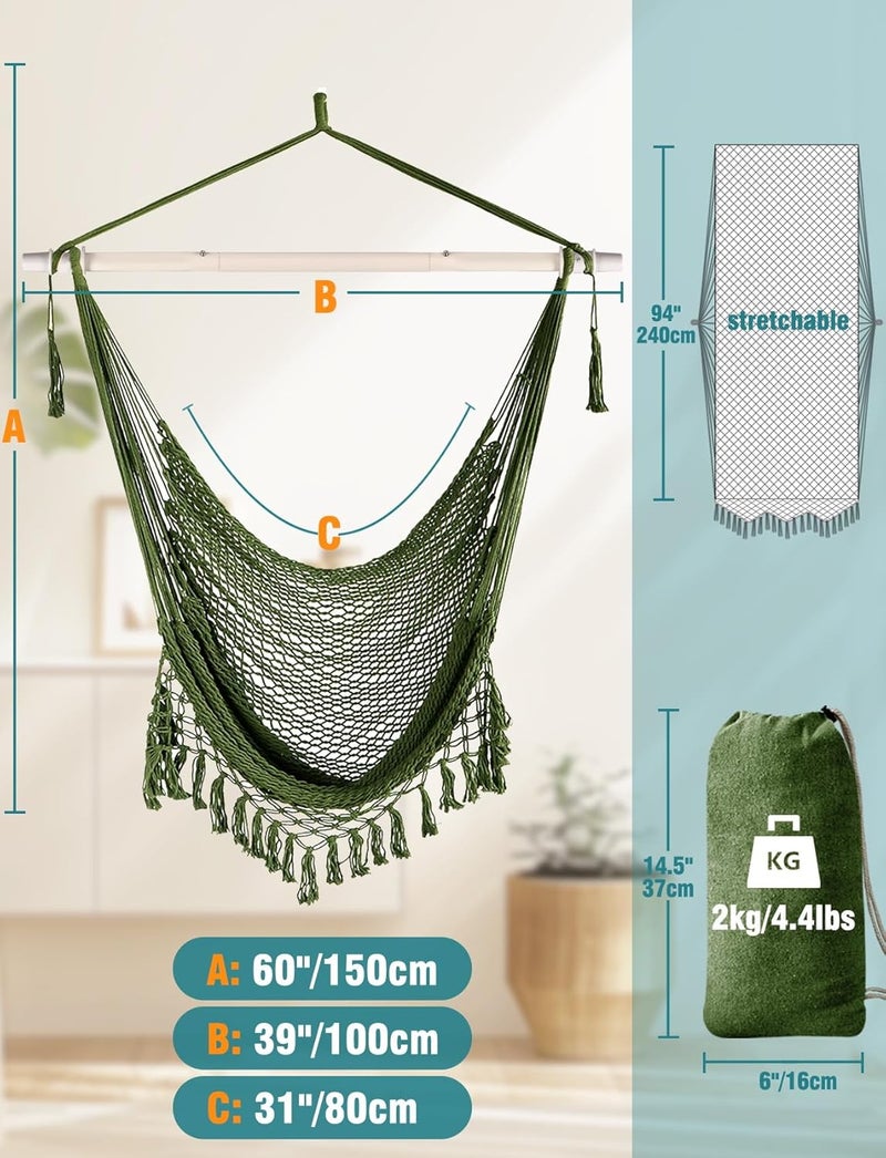 Chihee Hammock Chair Super Large Hanging Chair Soft-Spun Cotton Rope Weaving Chair, Collapsible Strong Metal Spreader Bar Wide Seat Lace Stretch Swing Chair Indoor Outdoor Garden Yard Theme Decoration - Image 4