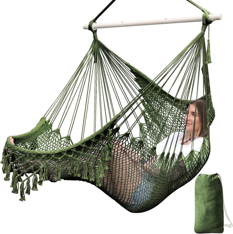 Chihee Hammock Chair Super Large Hanging Chair Soft-Spun Cotton Rope Weaving Chair, Collapsible Strong Metal Spreader Bar Wide Seat Lace Stretch Swing Chair Indoor Outdoor Garden Yard Theme Decoration - Image 1