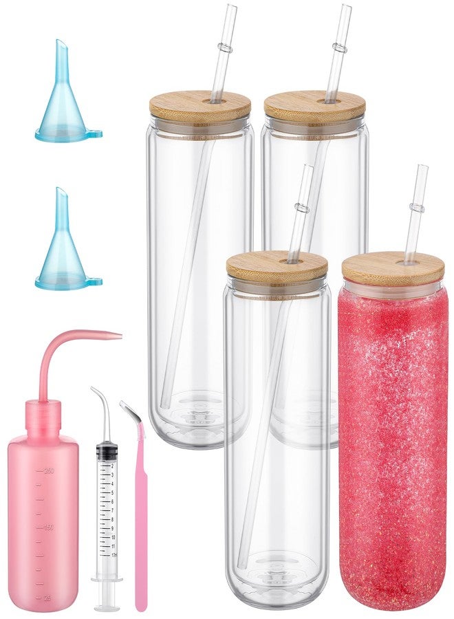 Skylety مجموعة سكايليتي 9 قطع لوازم كرة الثلج لكيت كرة الثلج اللامعة هدية كوب زجاجي 16 أونصة كوب مزدوج الجدار مثقوب مسبقًا مع غطاء وقشة زجاجة ضغط قمع ملقط حقنة منحنية (لون الخشب) - Image 1