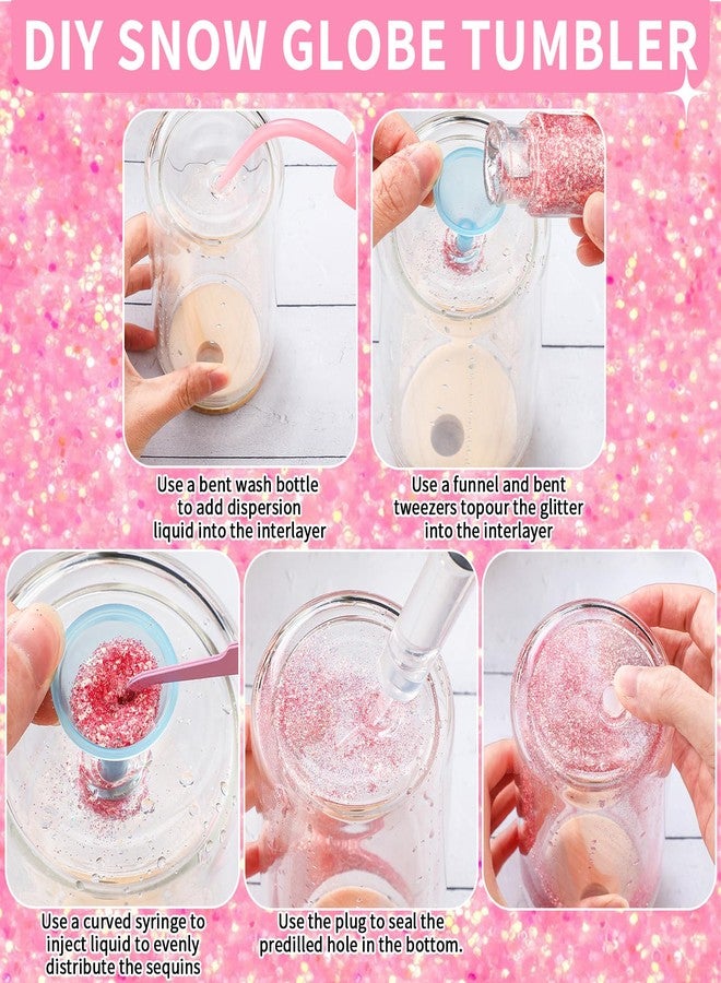 Skylety مجموعة سكايليتي 9 قطع لوازم كرة الثلج لكيت كرة الثلج اللامعة هدية كوب زجاجي 16 أونصة كوب مزدوج الجدار مثقوب مسبقًا مع غطاء وقشة زجاجة ضغط قمع ملقط حقنة منحنية (لون الخشب) - Image 4