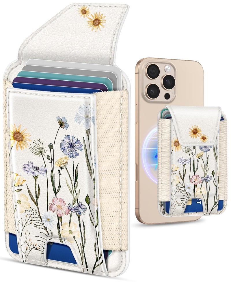 Shorogyt Compatible with Magsafe Wallet for Women - Phone Wallets for Magnetic Card Holder Mag Rfid Watercolor Flower for iPhone 17/16/15/14/13/12 Series Cute with Elastic and Flap Cover, Fit 7 Cards - Image 1