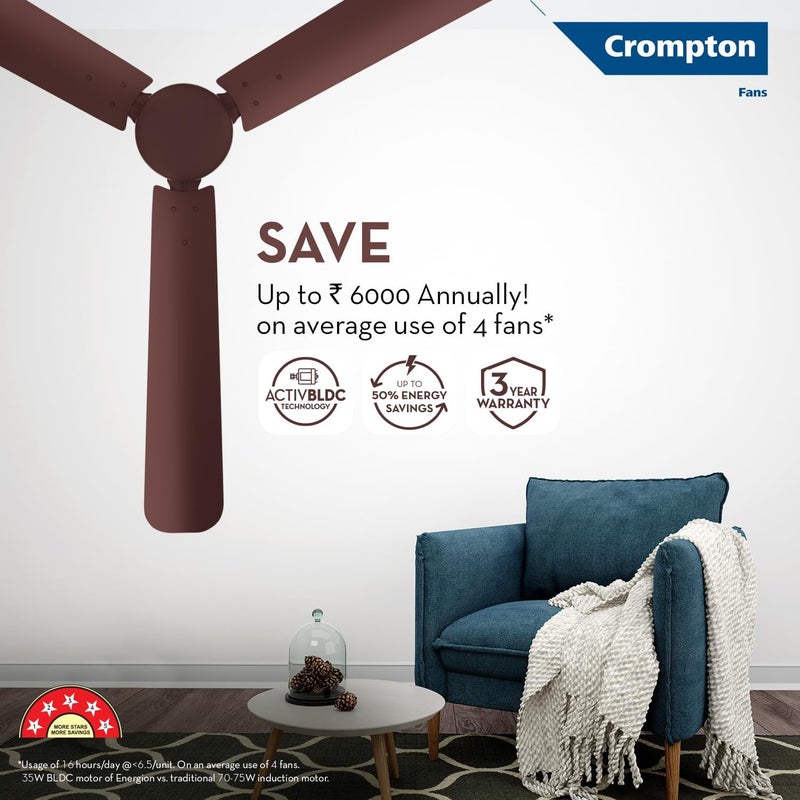 Crompton مروحة سقف كرومبتون إنيرجيون هايبرجيت 1200 مم BLDC | تحكم عن بعد بنقطة أي مكان | تصنيف 5 نجوم BEE موفرة للطاقة | توصيل هواء فائق | مقاومة للصدأ | ضمان المصنع لمدة عامين | بني - Image 3
