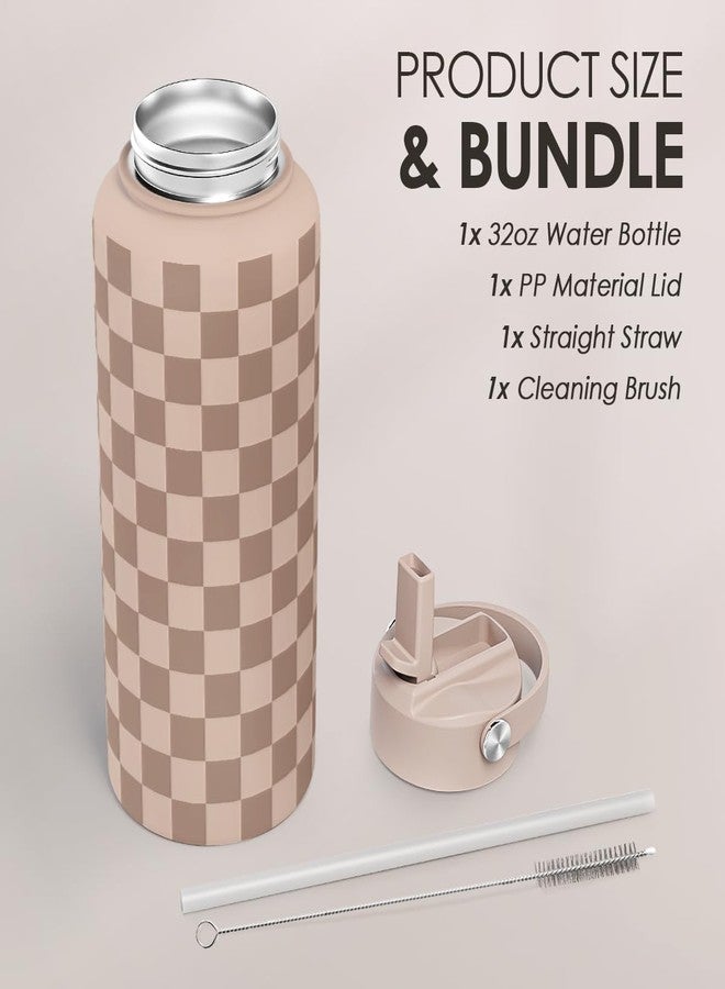SANDJEST Checkerboard Water Bottle 32oz Stainless Steel with Lid & Straw, Beige Checker Insulated Bottles for Women Girls, Gift Idea for Christmas Birthday - Image 4