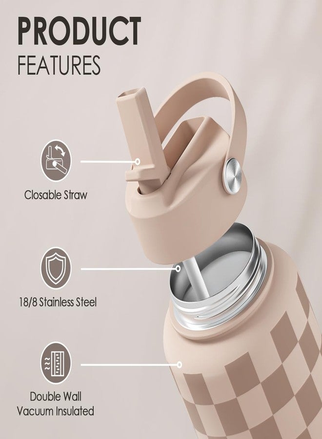 SANDJEST Checkerboard Water Bottle 32oz Stainless Steel with Lid & Straw, Beige Checker Insulated Bottles for Women Girls, Gift Idea for Christmas Birthday - Image 3