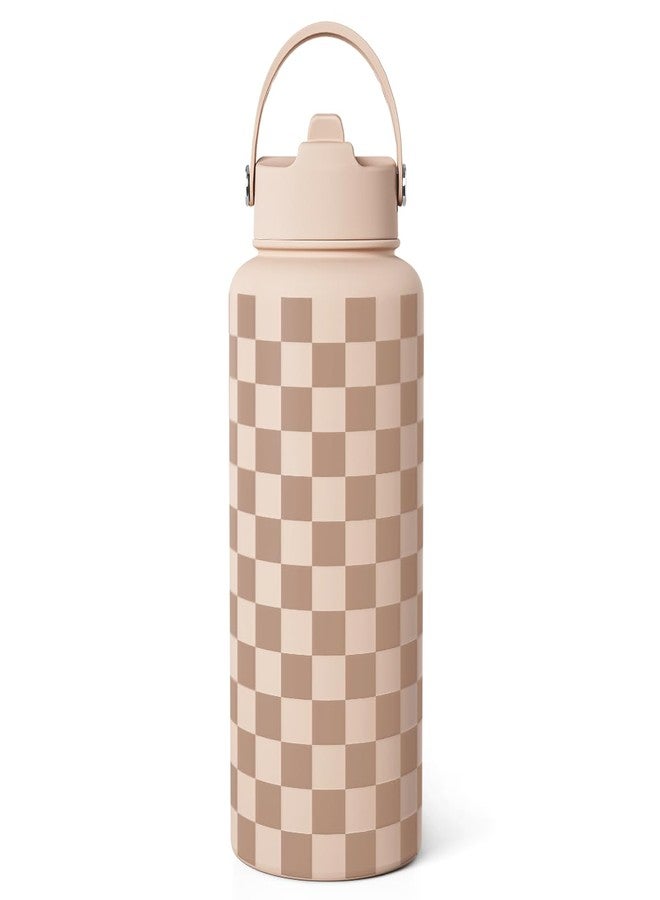 SANDJEST Checkerboard Water Bottle 32oz Stainless Steel with Lid & Straw, Beige Checker Insulated Bottles for Women Girls, Gift Idea for Christmas Birthday - Image 2