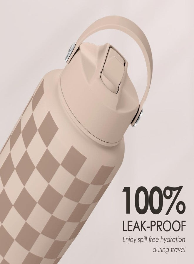 SANDJEST Checkerboard Water Bottle 32oz Stainless Steel with Lid & Straw, Beige Checker Insulated Bottles for Women Girls, Gift Idea for Christmas Birthday - Image 5