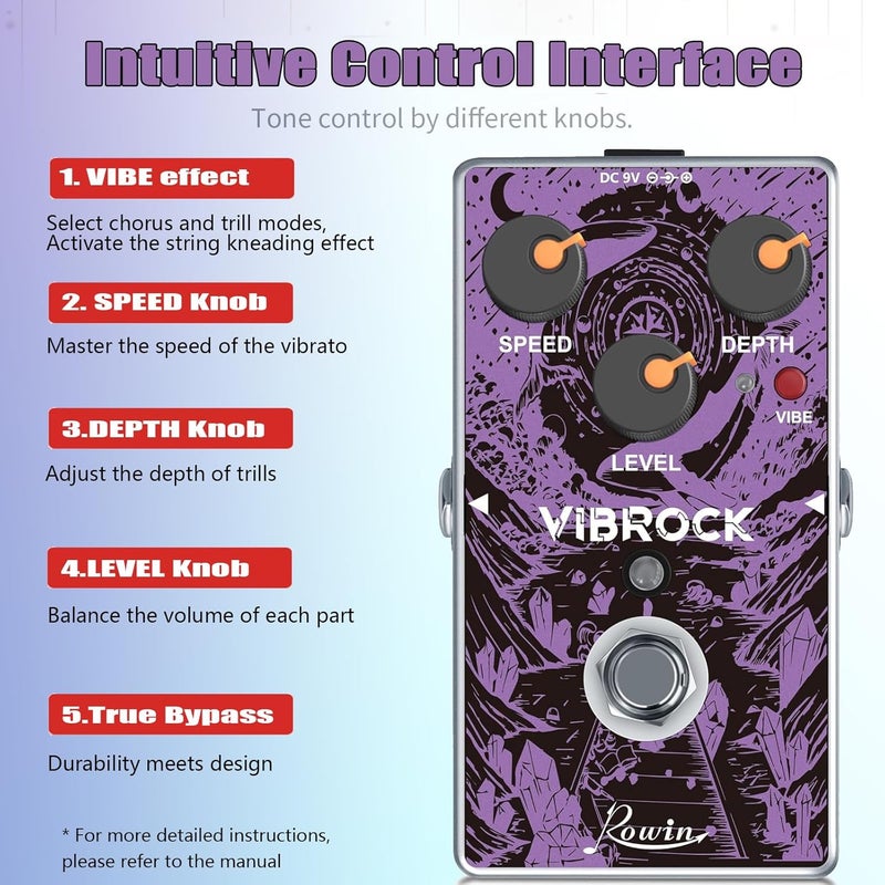 Rowin VIBROCK Chorus-Tremolo Monoblock Pedal Full Size Modulation Guitar Pedal True Bypass RE-02 - Image 3
