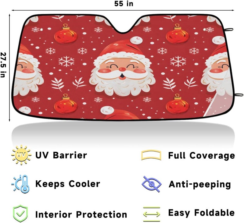 Santa Claus Foldable Car Windshield Sun Shade, Lightweight Front Window Cover with Suction Cups, UV Block for Interior Protection, Portable, Winter Snowflake - Image 3