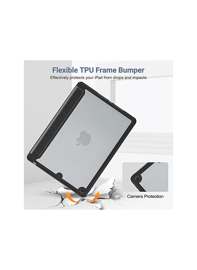 iPad 10.2 Case iPad 9th Generation 2021/ iPad 8th Generation 2020/ iPad 7th Generation 2019 Case with Pencil Holder, Trifold Stand Hard Frosted Back Smart Cover for iPad 10.2 Inch -Black