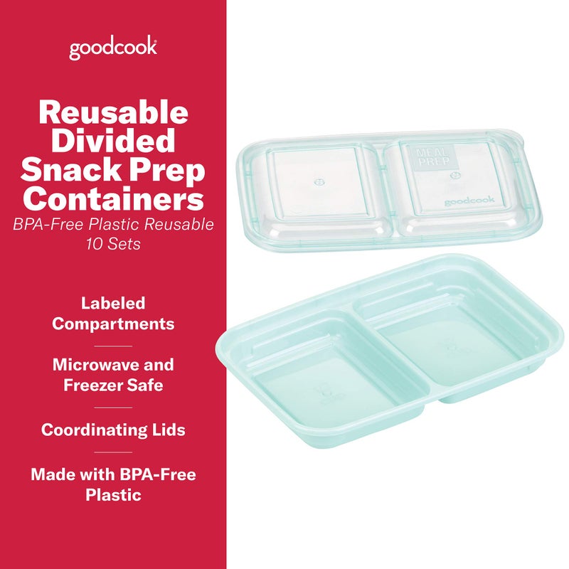GoodCook 2-Compartment Food Storage Container Set with Snap-Shut Lids, Reusable Divided Snack Containers with Lids, Set of 10, Blue - Image 2