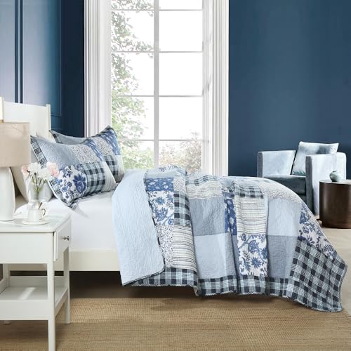 camandy Cotton Bedspread Quilt Bedding Sets 3 Pieces Reversible Coverlet Sets Comforters Rustic Floral Patchwork Blue White Bedspread, Queen Size - Image 3