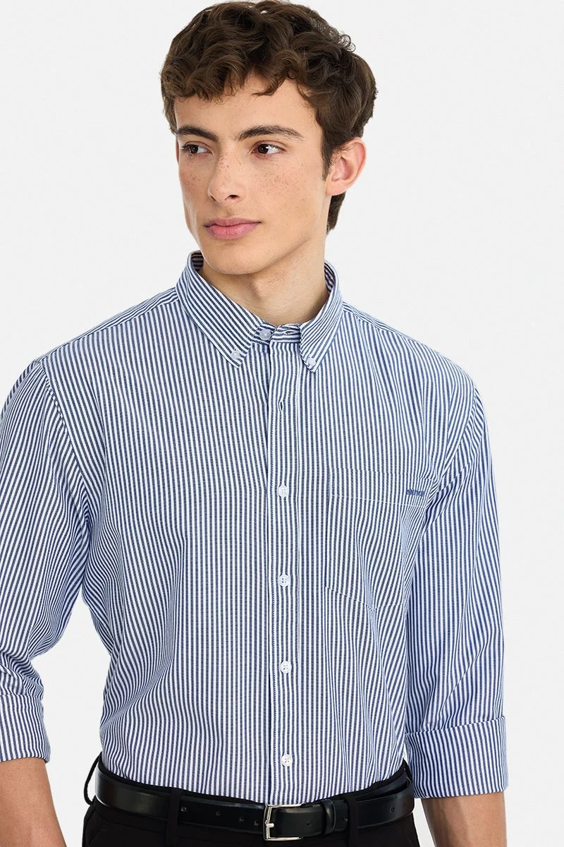 سنيتش Dark Blue Striped Long Sleeve Regular Fit Shirt