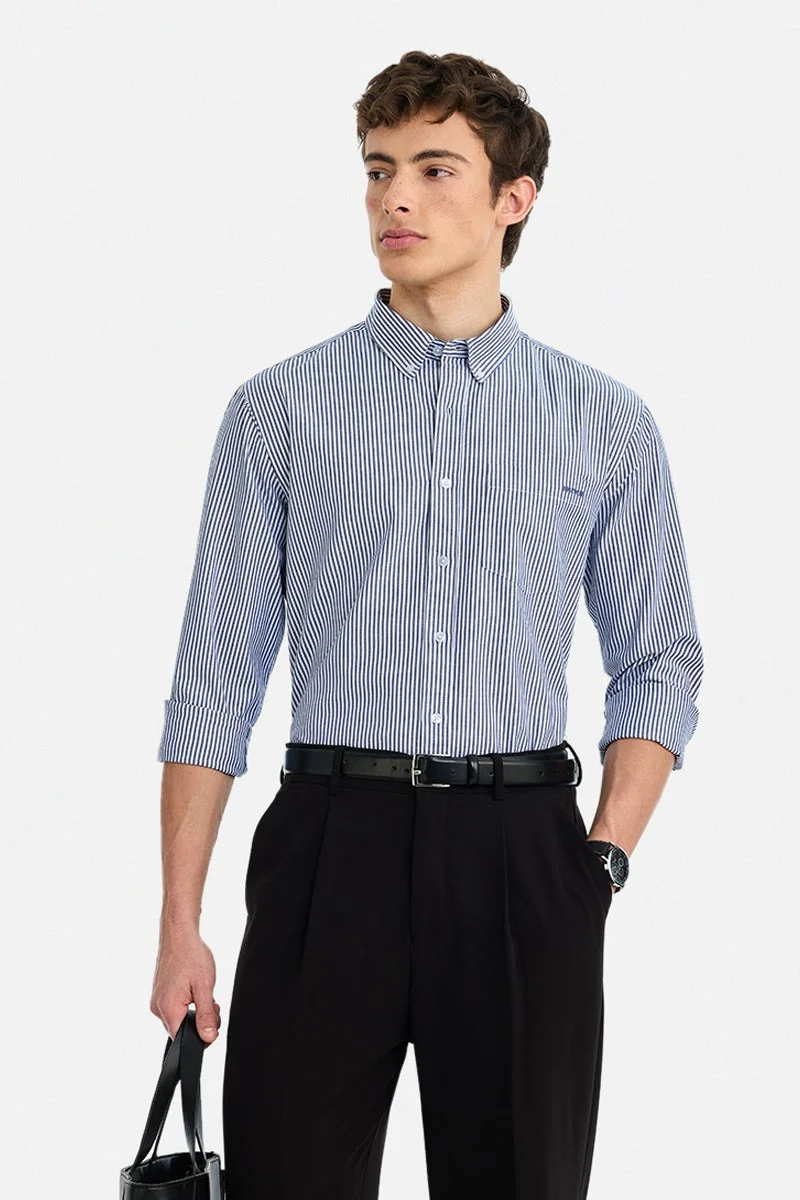 سنيتش Dark Blue Striped Long Sleeve Regular Fit Shirt