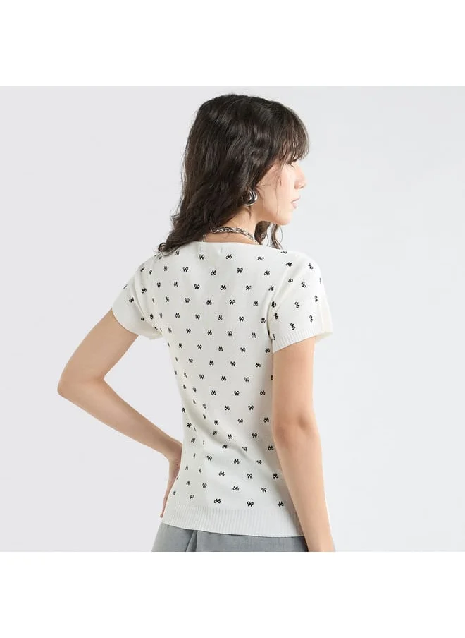 FAV Textured Square Neck T-shirt with Short Sleeves