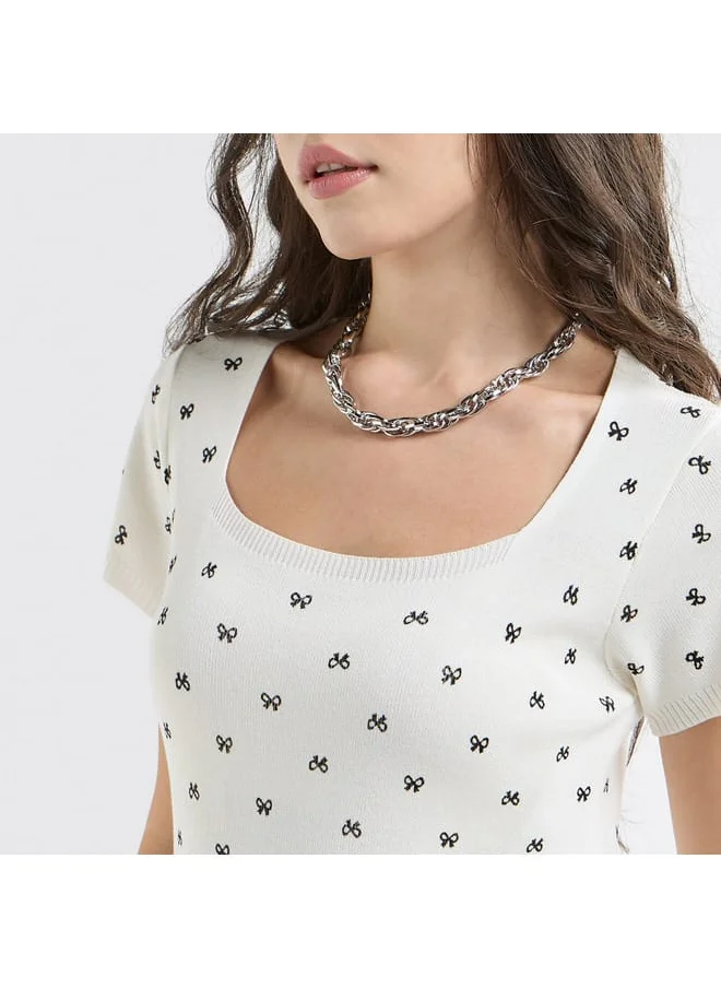 FAV Textured Square Neck T-shirt with Short Sleeves