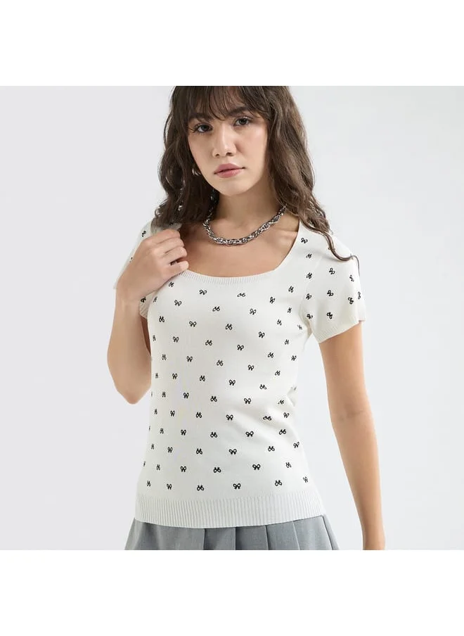 FAV Textured Square Neck T-shirt with Short Sleeves