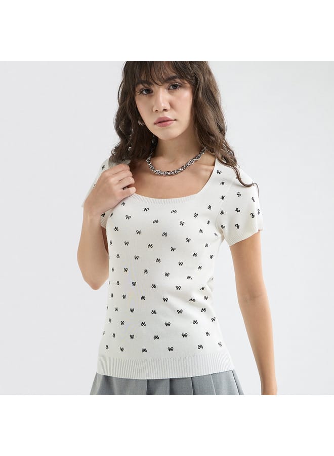 Splash FAV Textured Square Neck T-shirt with Short Sleeves - Image 1