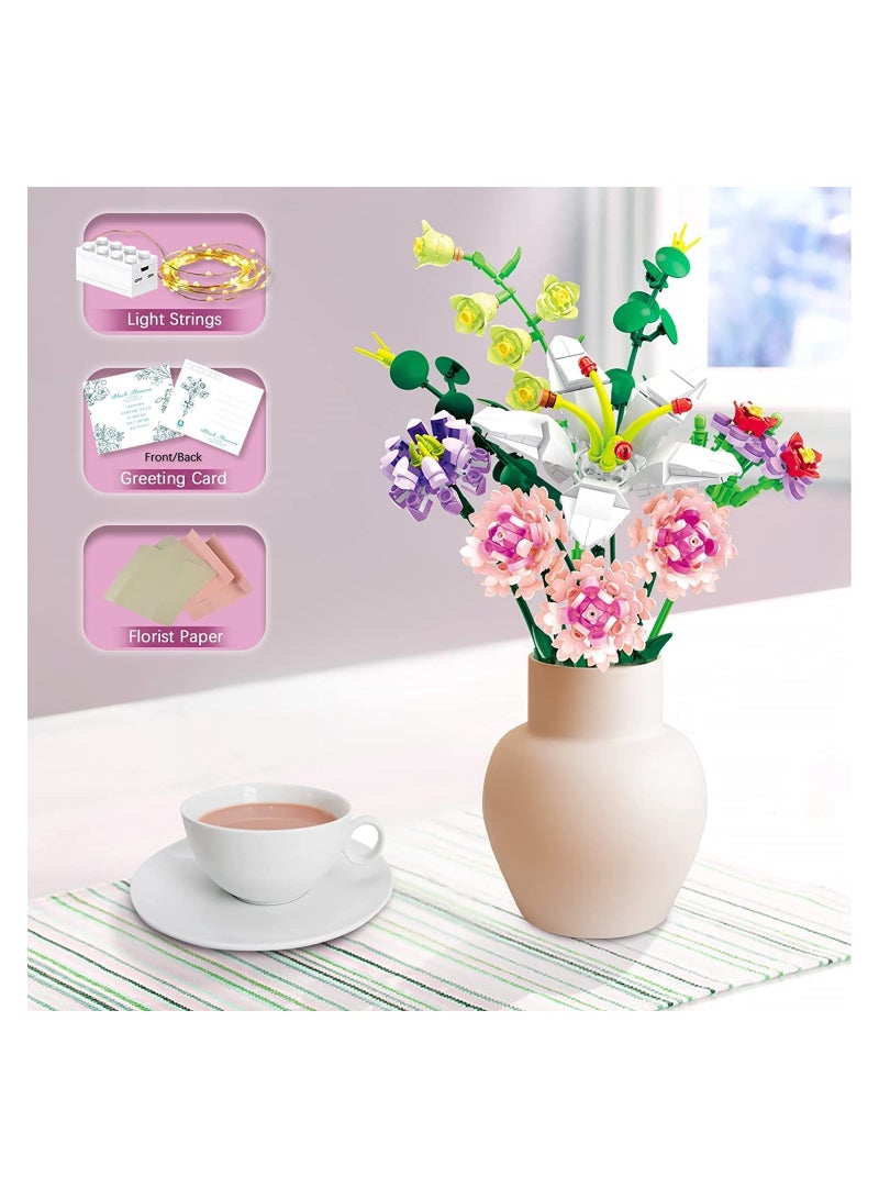 Creative Flower Bouquet Building Blocks Set for Kids 6+, Pink Carnation & Lily Building Toy Gift for Friends & Family - Image 4