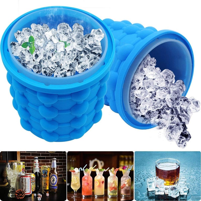 SHOPECOM Silicone Ice Cube Tray 2pcs Stainless Steel Ice Cube Tray with Lid Flexible Ice Ball Makers for Whiskey Wine Beer Home Party and Picnic Blue - Image 1