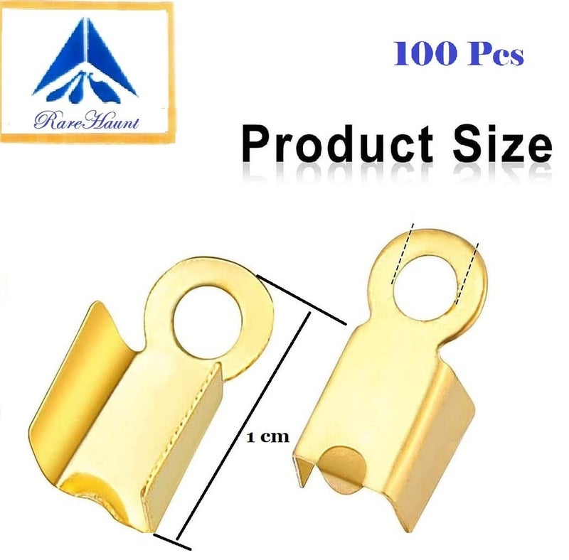 Rarehaunt Fold Over Cord Ends Cord Crimp End Tips FoldOver End Caps Leather Ribbon Ending Clasp Tips Jewelry Connector for End Cap Jewellry Making Medium 100 Pcs Gold - Image 2