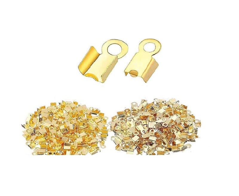 Rarehaunt Fold Over Cord Ends Cord Crimp End Tips FoldOver End Caps Leather Ribbon Ending Clasp Tips Jewelry Connector for End Cap Jewellry Making Medium 100 Pcs Gold - Image 1