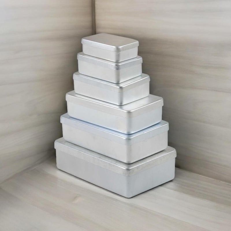 Jayco Aluminum Rectangular Small Storage Box/Dabbi (Silver, 4"-5"-6"-7"-8"-9") - Set Pack of 6 - Image 1