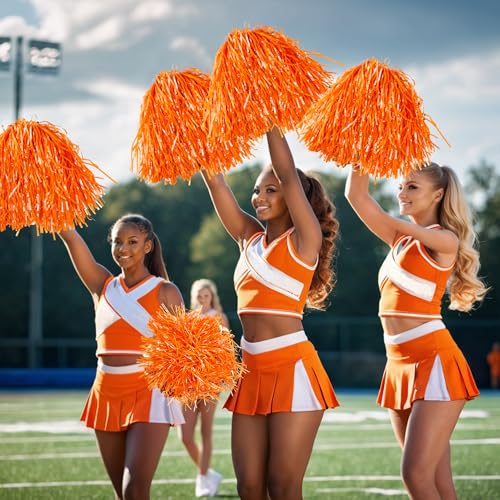 PPXMEEUDC 16PCS Cheerleading Pom Poms Metallic Foil Plastic Pom Poms with Baton Handle for Game Sports Squads Dancing Party Football Basketball Club Spirit Sports Stage Performance Celebration (Orange) - Image 4