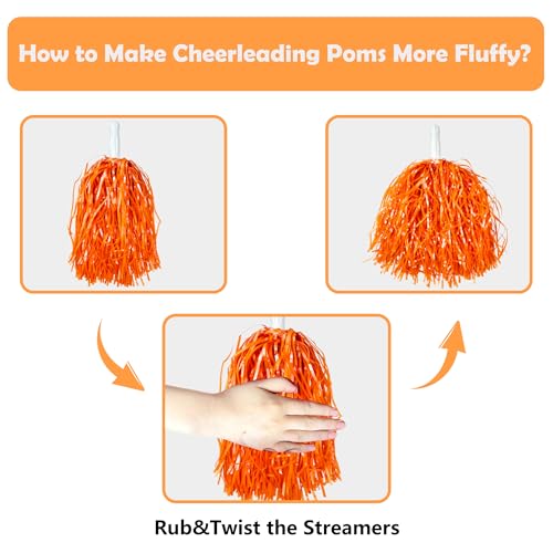PPXMEEUDC 16PCS Cheerleading Pom Poms Metallic Foil Plastic Pom Poms with Baton Handle for Game Sports Squads Dancing Party Football Basketball Club Spirit Sports Stage Performance Celebration (Orange) - Image 3