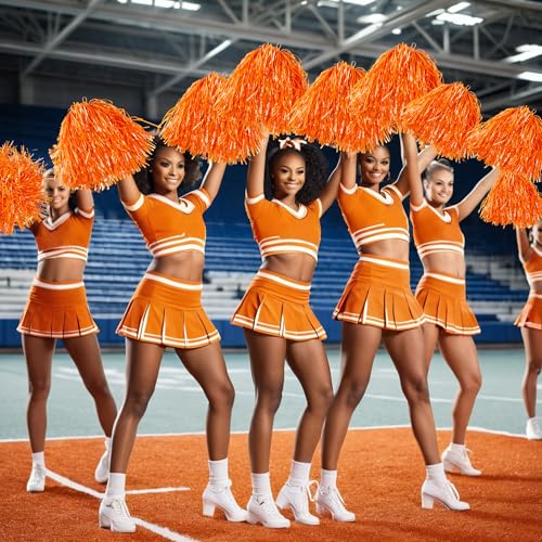 PPXMEEUDC 16PCS Cheerleading Pom Poms Metallic Foil Plastic Pom Poms with Baton Handle for Game Sports Squads Dancing Party Football Basketball Club Spirit Sports Stage Performance Celebration (Orange) - Image 5