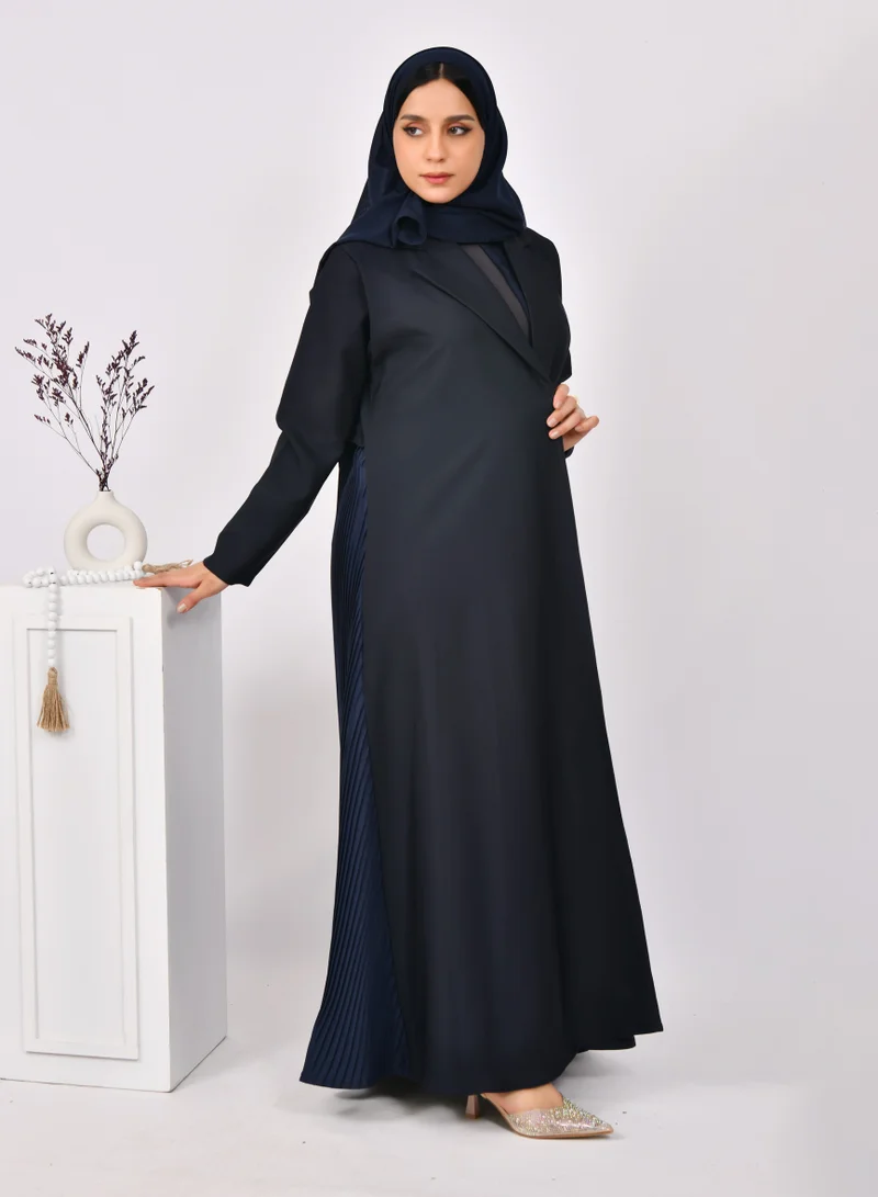 HAWRAA ABAYA Navy blue blazer abaya with light navy blue overlay and pleats at the bottom of the abaya