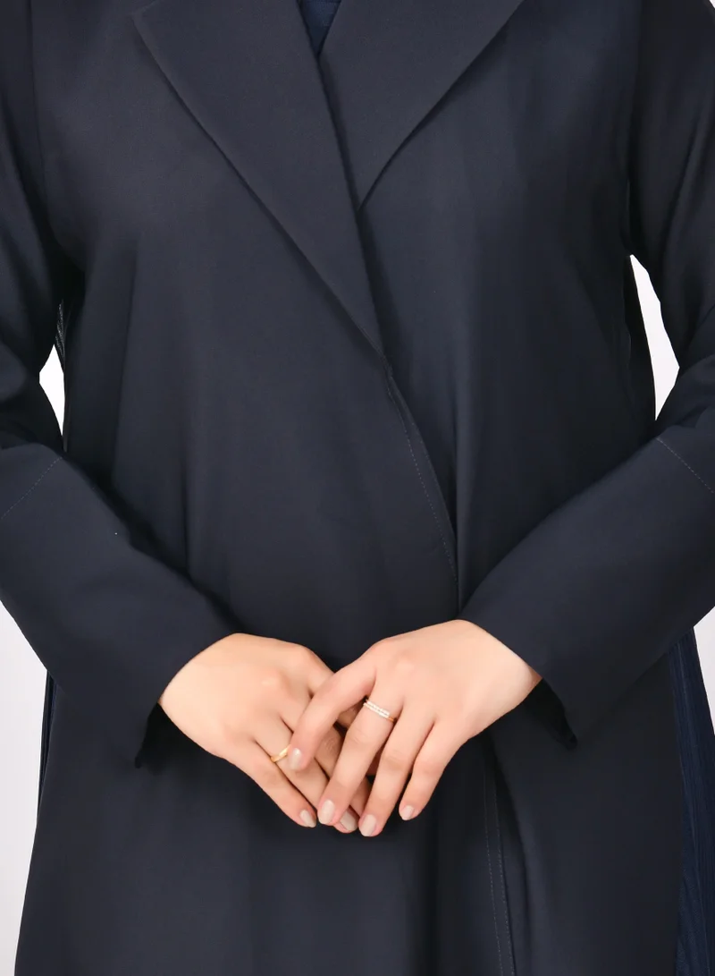 HAWRAA ABAYA Navy blue blazer abaya with light navy blue overlay and pleats at the bottom of the abaya